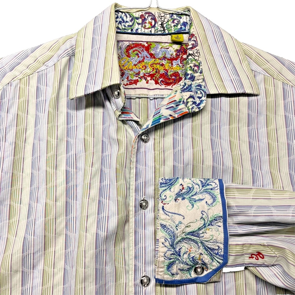 Robert Graham Long Sleeve Shirt Mens S White Blue Green Striped Embroidered